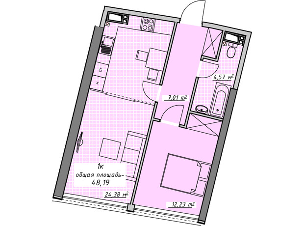 ЖК Атмосфера: планировка 1-комнатной квартиры 48.19 м²