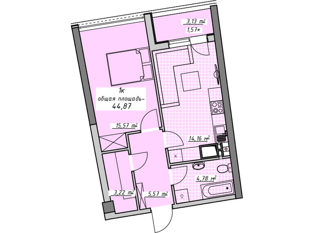 ЖК Атмосфера: планировка 1-комнатной квартиры 44.87 м²