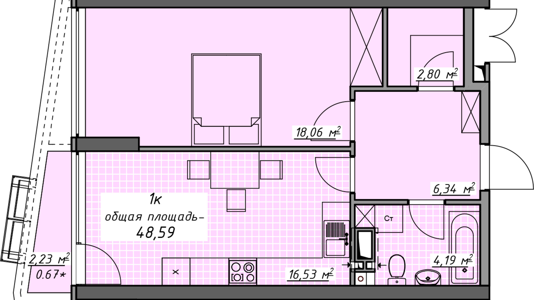 Планування 1-кімнатної квартири в ЖК Атмосфера 48.59 м², фото 448935