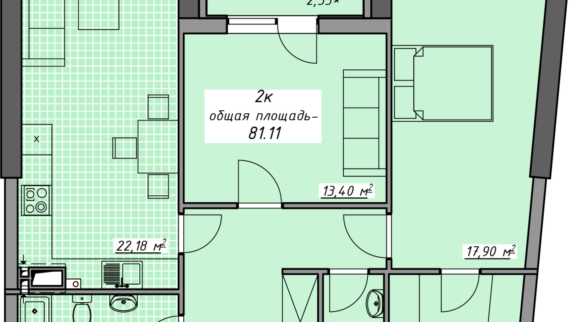 Планировка 2-комнатной квартиры в ЖК Атмосфера 81.11 м², фото 448936