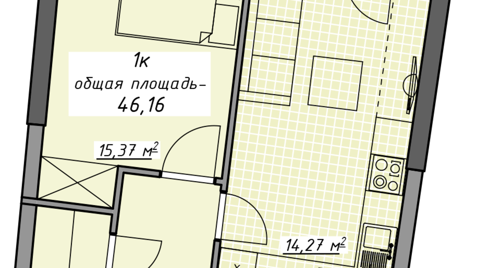 Планування 1-кімнатної квартири в ЖК Атмосфера 46.16 м², фото 448938