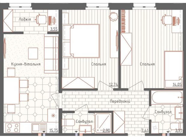 ЖК Нова Англія: планування 2-кімнатної квартири 60 м²