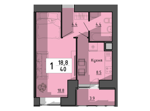 ЖК Файне місто: планировка 1-комнатной квартиры 40 м²