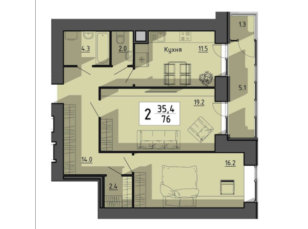 ЖК Файне місто: планировка 2-комнатной квартиры 76 м²