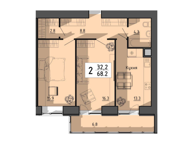 ЖК Файне місто: планировка 2-комнатной квартиры 68.2 м²