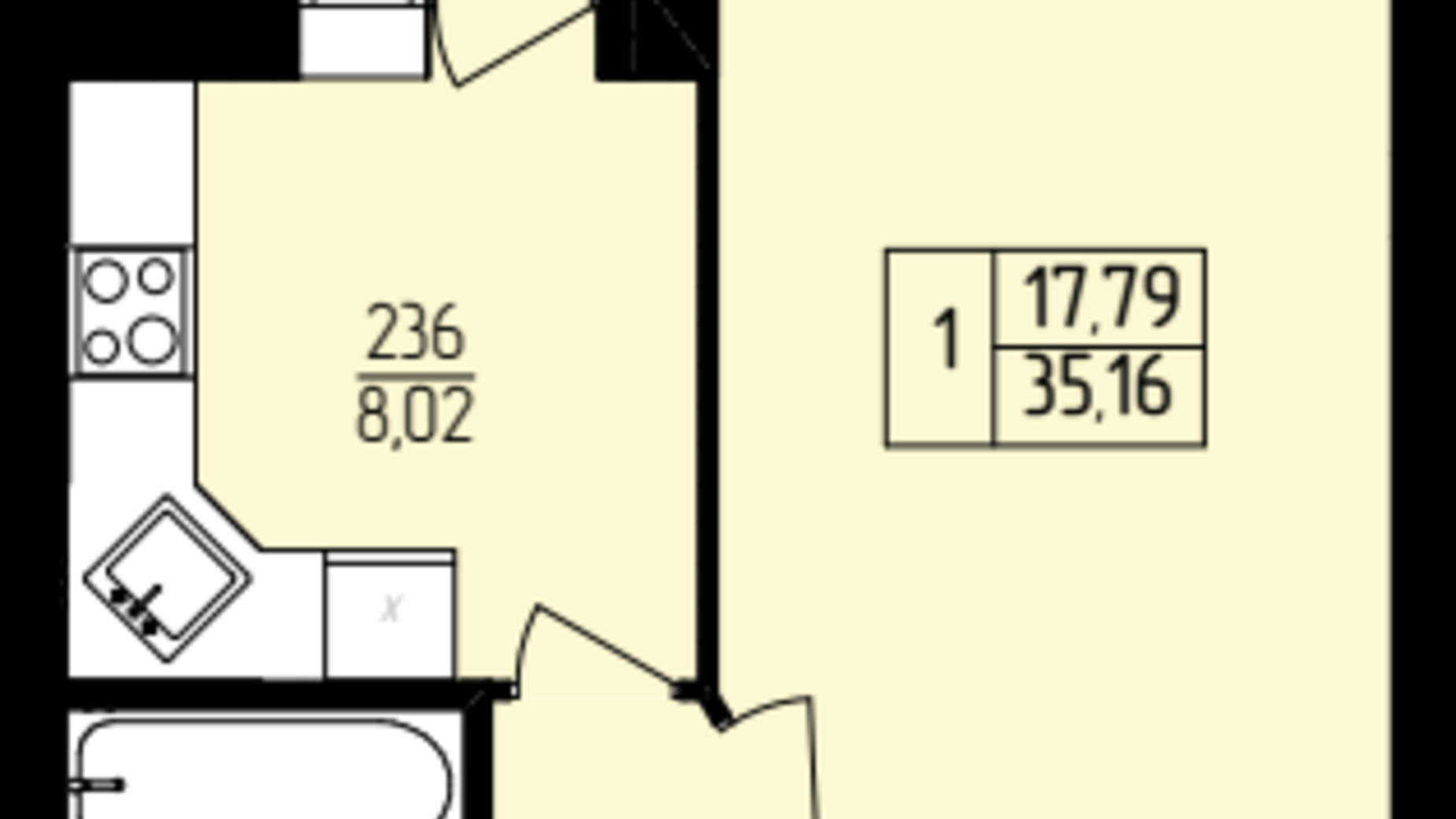 Планування 1-кімнатної квартири в ЖК Амстердам 35.42 м², фото 449119