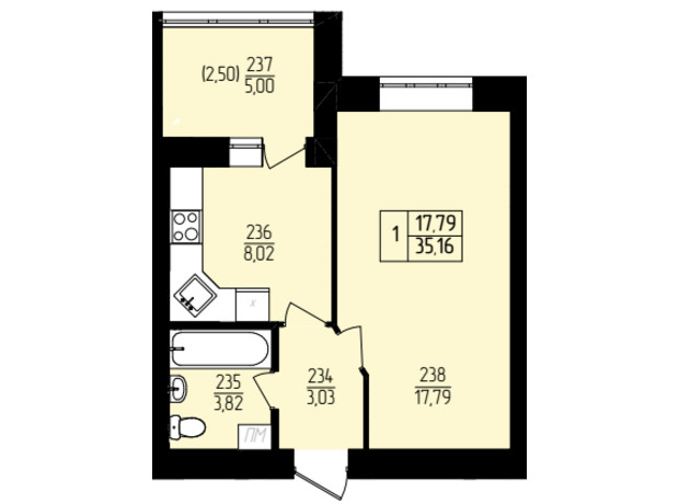 ЖК Амстердам: планировка 1-комнатной квартиры 35.16 м²
