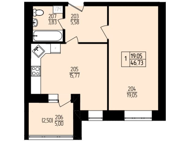 ЖК Амстердам: планування 1-кімнатної квартири 46.73 м²