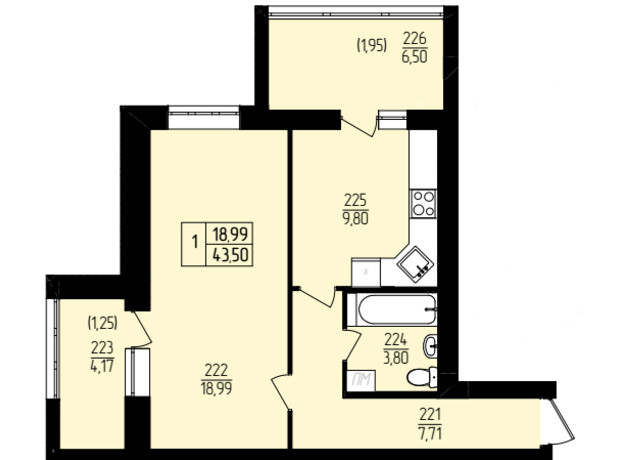 ЖК Амстердам: планування 1-кімнатної квартири 43.5 м²