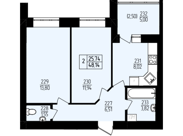 ЖК Амстердам: планування 2-кімнатної квартири 48.14 м²