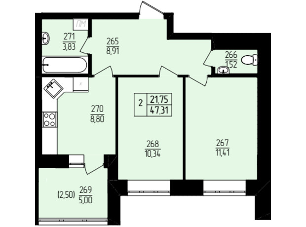 ЖК Амстердам: планування 2-кімнатної квартири 47.31 м²