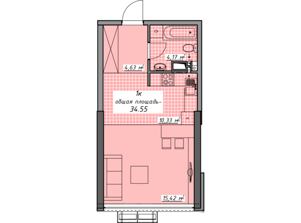 ЖК Атмосфера: планировка 1-комнатной квартиры 34.55 м²