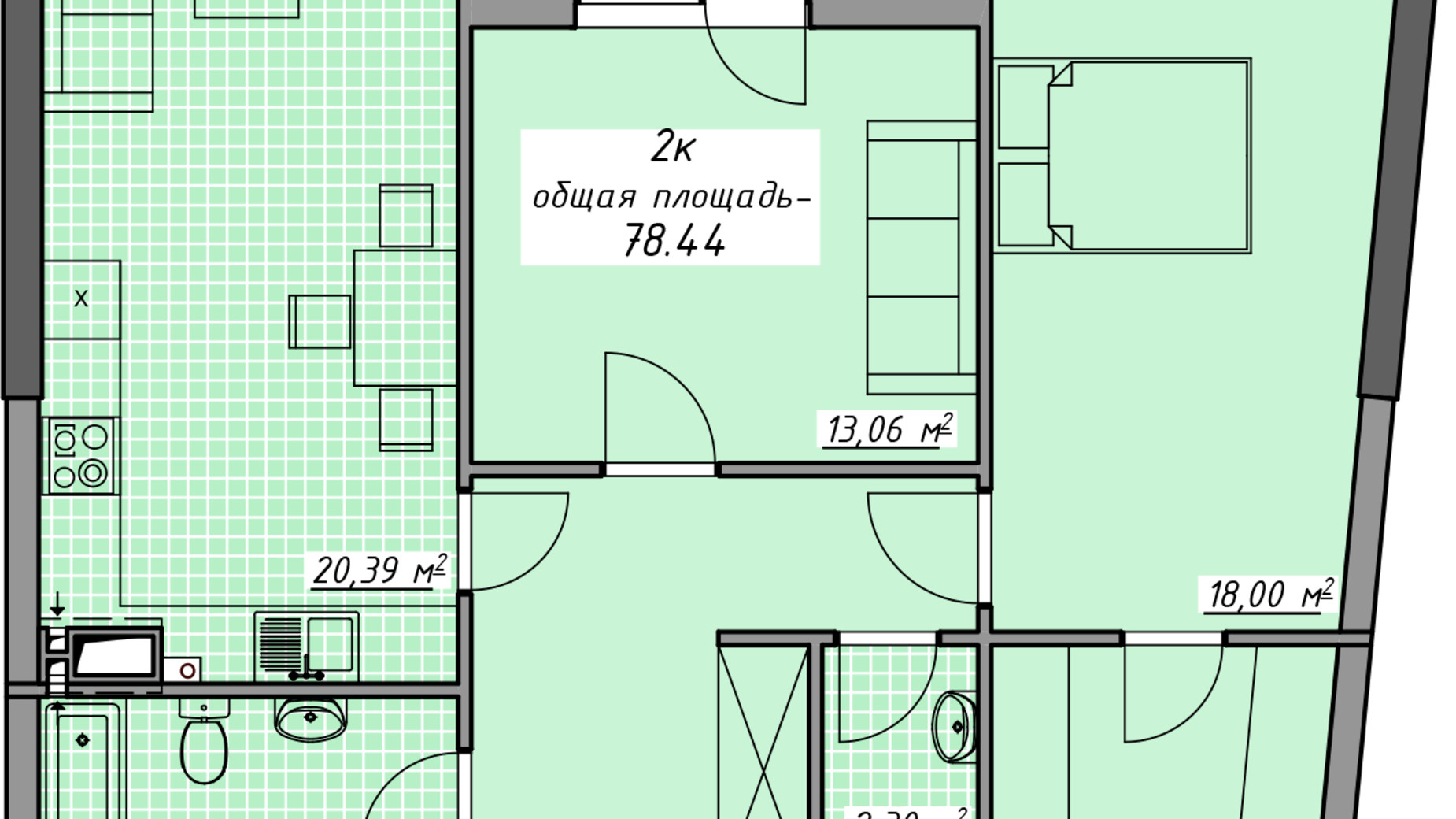 Планировка 2-комнатной квартиры в ЖК Атмосфера 78.44 м², фото 449146