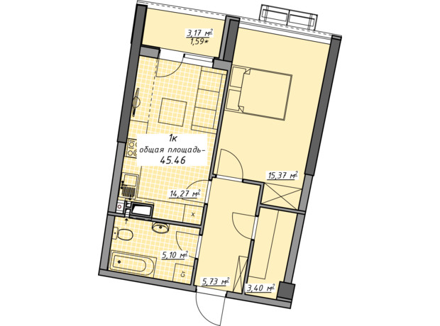 ЖК Атмосфера: планування 1-кімнатної квартири 45.46 м²