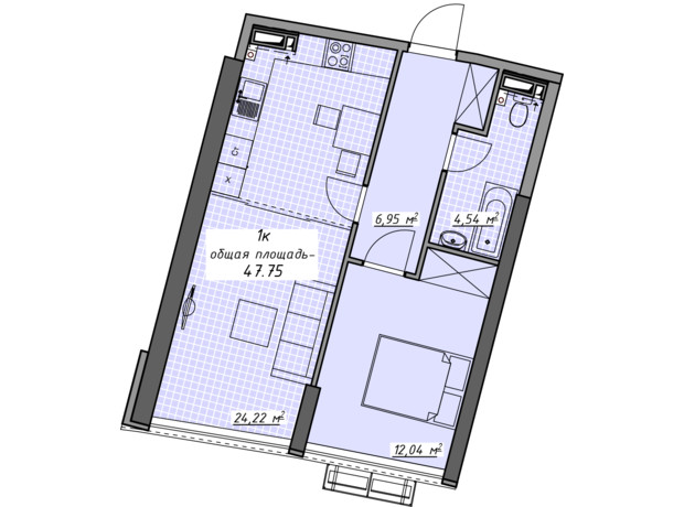 ЖК Атмосфера: планування 1-кімнатної квартири 47.75 м²