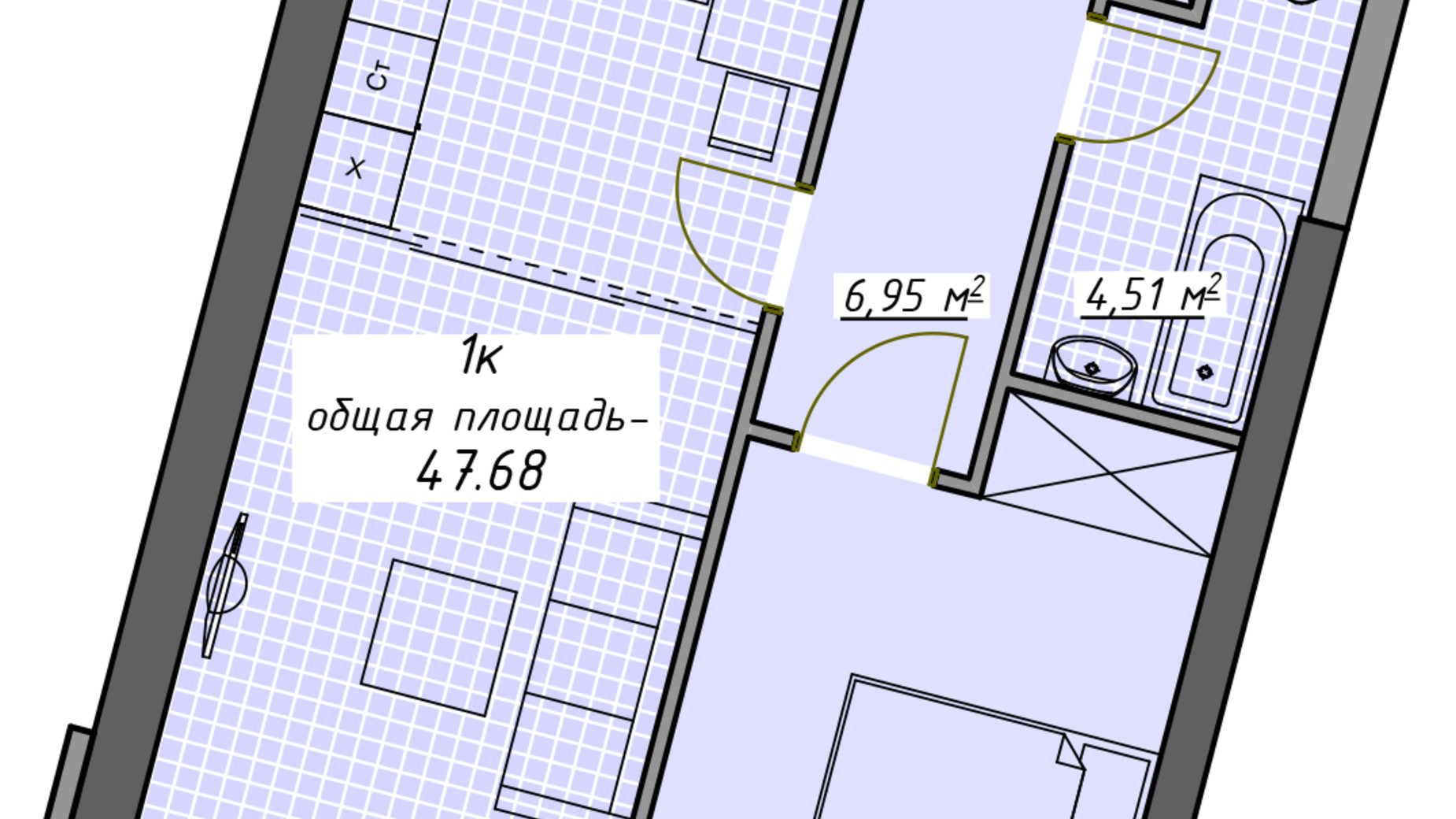 Планування 1-кімнатної квартири в ЖК Атмосфера 47.68 м², фото 449152