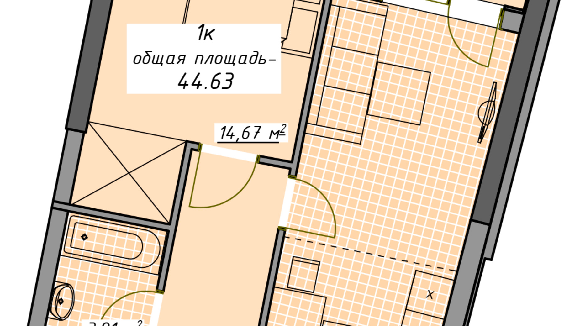 Планировка 1-комнатной квартиры в ЖК Атмосфера 44.63 м², фото 449373