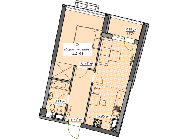 ЖК Атмосфера: планування 1-кімнатної квартири 44.63 м²