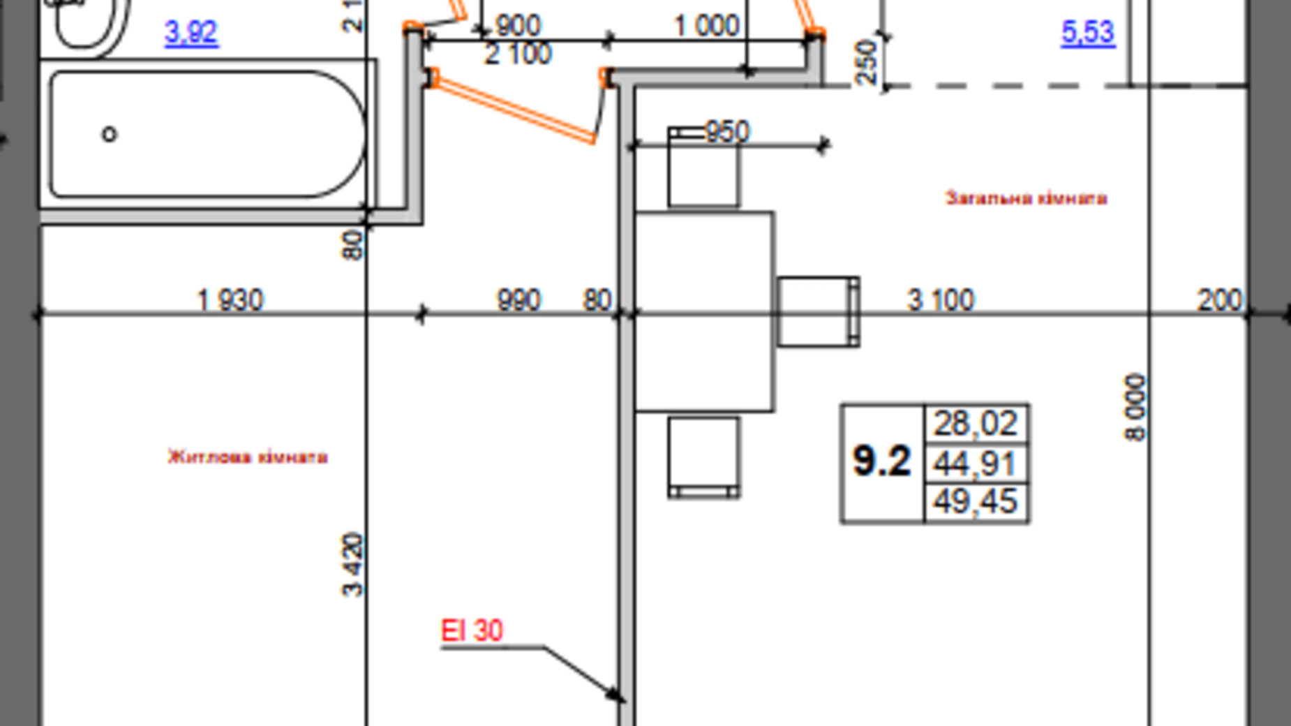 Планировка 2-комнатной квартиры в ЖК на Петлюры, 28 49.54 м², фото 449496