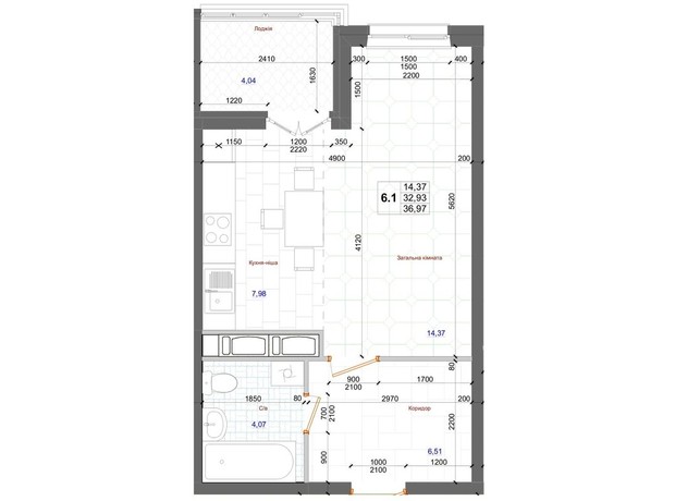 ЖК Атлант: планування 1-кімнатної квартири 36.97 м²