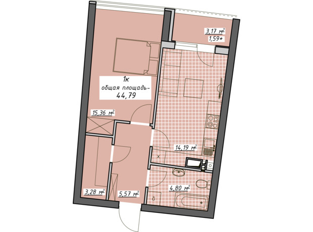ЖК Атмосфера: планировка 1-комнатной квартиры 44.79 м²