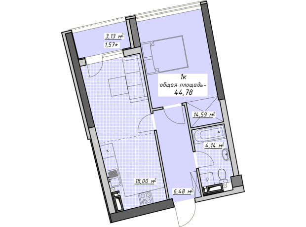 ЖК Атмосфера: планировка 1-комнатной квартиры 44.78 м²