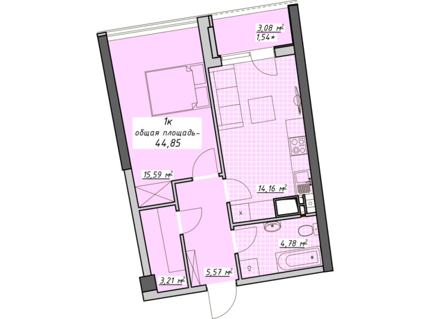 ЖК Атмосфера: планировка 1-комнатной квартиры 44.85 м²
