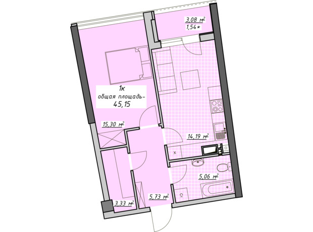 ЖК Атмосфера: планировка 1-комнатной квартиры 45.15 м²