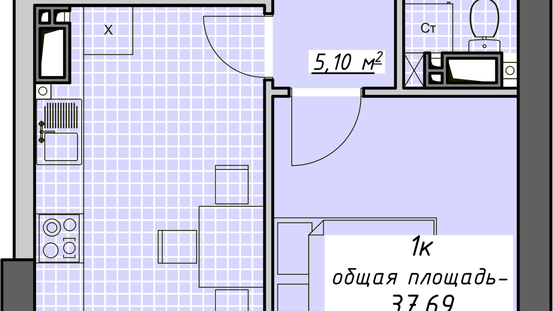 Планування 1-кімнатної квартири в ЖК Атмосфера 37.69 м², фото 449624