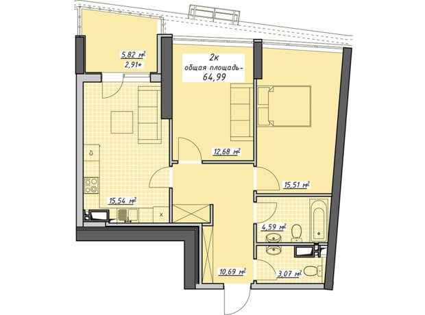 ЖК Атмосфера: планировка 2-комнатной квартиры 64.99 м²