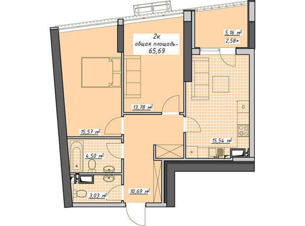 ЖК Атмосфера: планировка 2-комнатной квартиры 65.69 м²