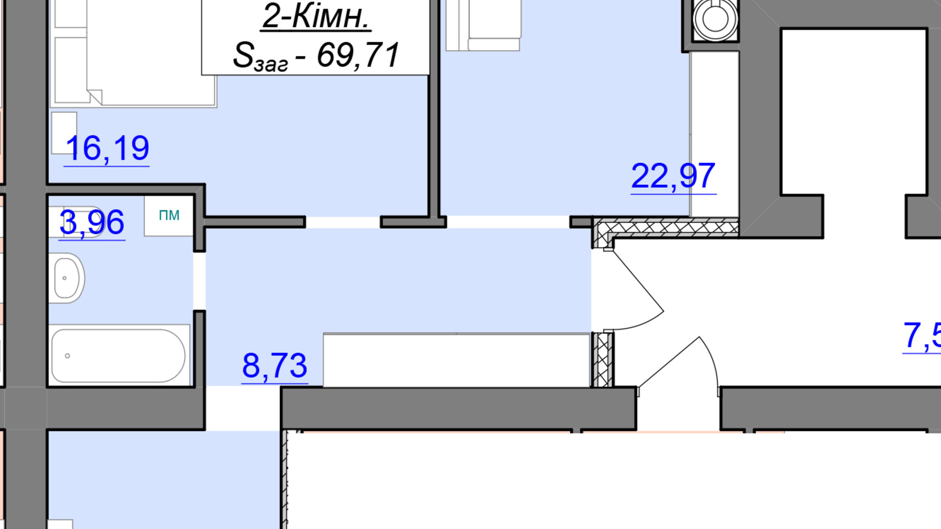 Планування 2-кімнатної квартири в ЖК Каскад-Ярко 69.71 м², фото 449868