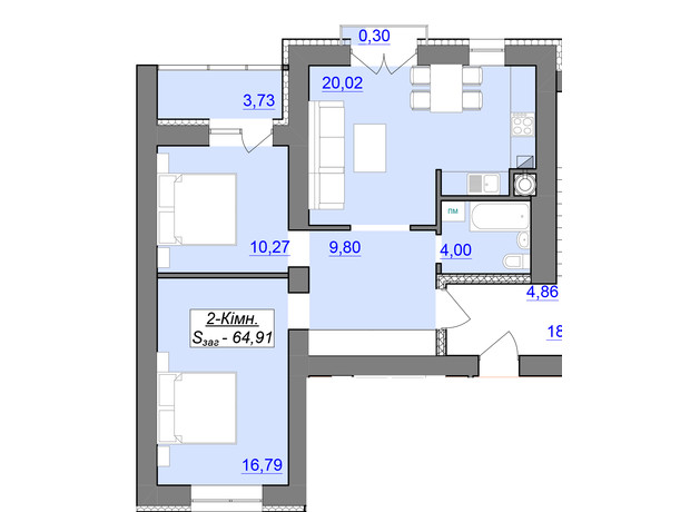 ЖК Каскад-Ярко: планування 2-кімнатної квартири 64.91 м²