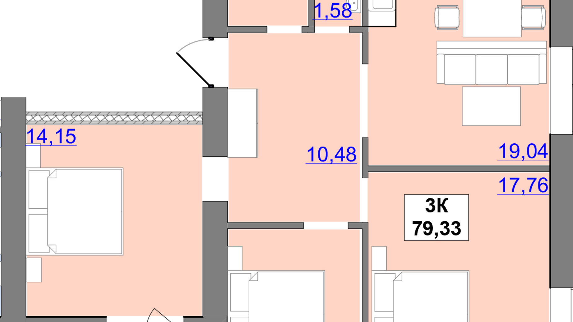 Планування 3-кімнатної квартири в ЖК Каскад-Ярко 79.33 м², фото 449871