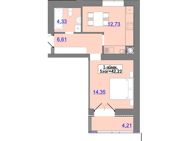 ЖК Каскад-Ярко: планування 1-кімнатної квартири 42.22 м²