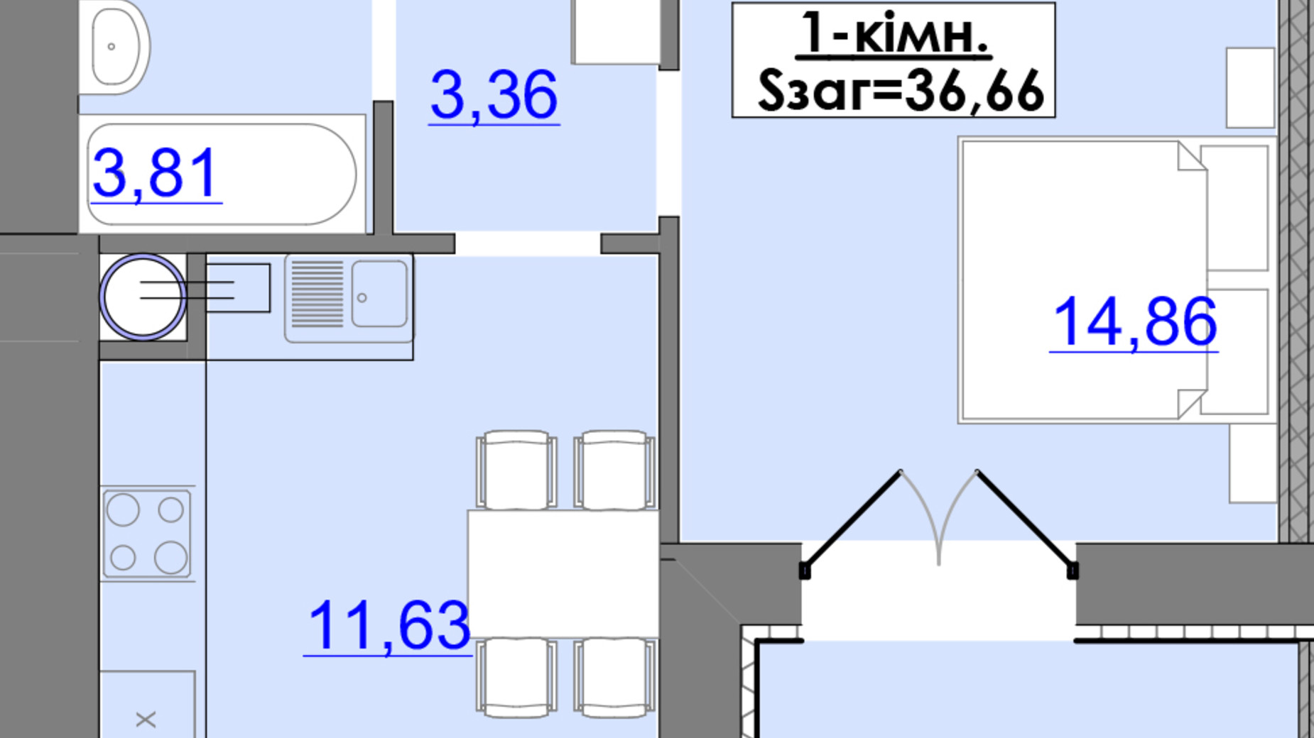 Планування 1-кімнатної квартири в ЖК Каскад-Ярко 36.66 м², фото 449874