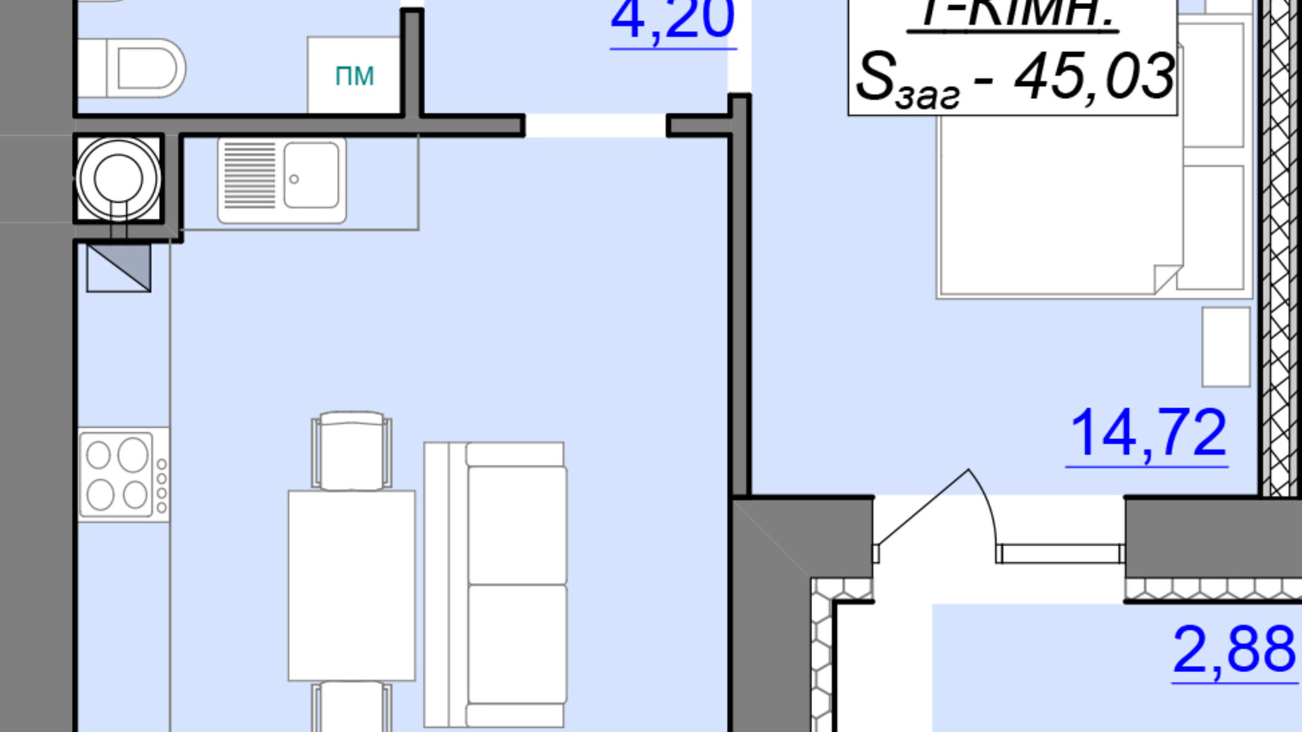 Планування 1-кімнатної квартири в ЖК Каскад-Ярко 45.03 м², фото 449875
