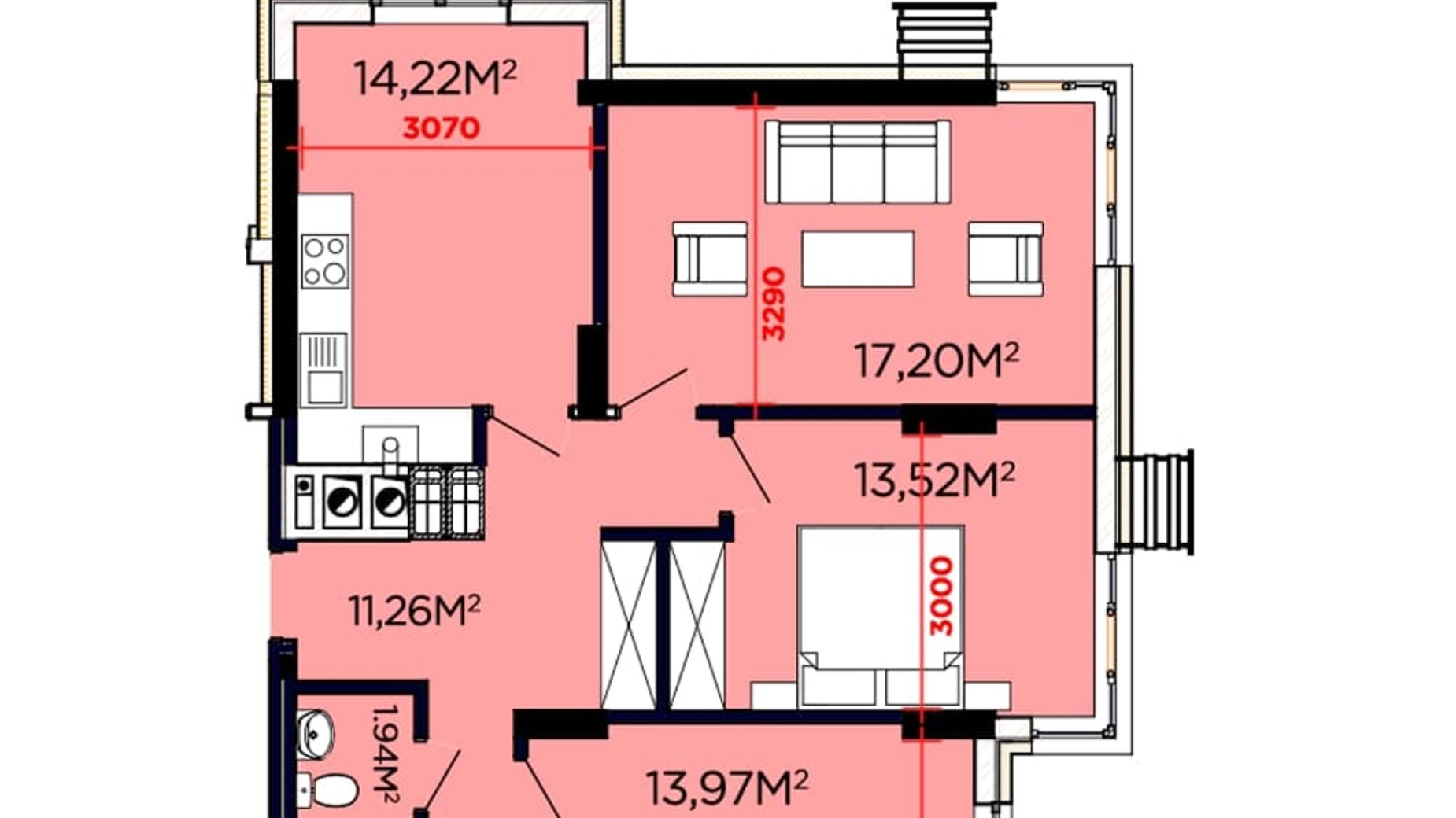 Планування 3-кімнатної квартири в ЖК Щасливий 76.88 м², фото 449993