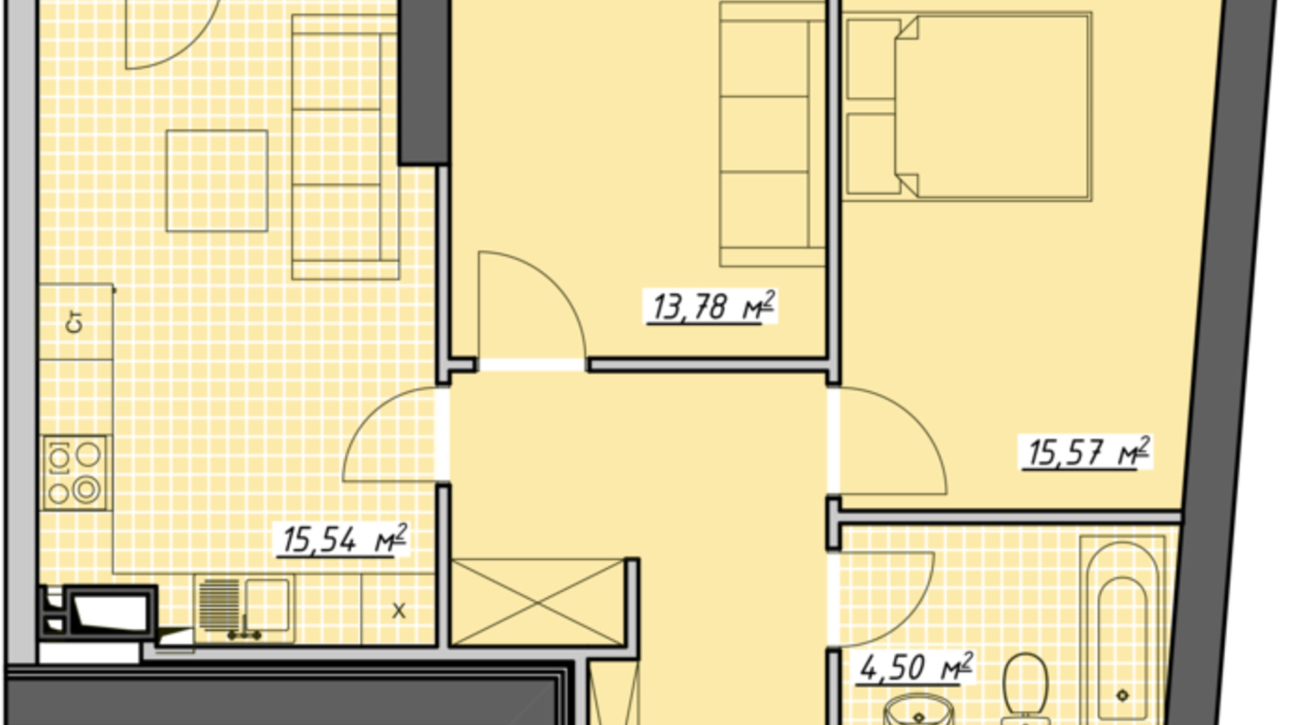 Планировка 2-комнатной квартиры в ЖК Атмосфера 65.69 м², фото 450460