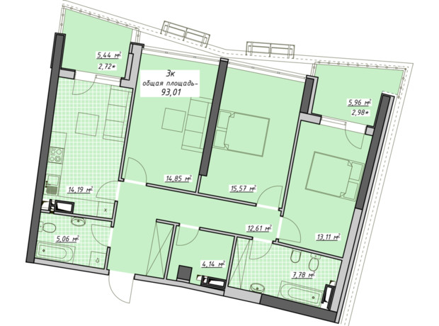 ЖК Атмосфера: планировка 3-комнатной квартиры 93.01 м²
