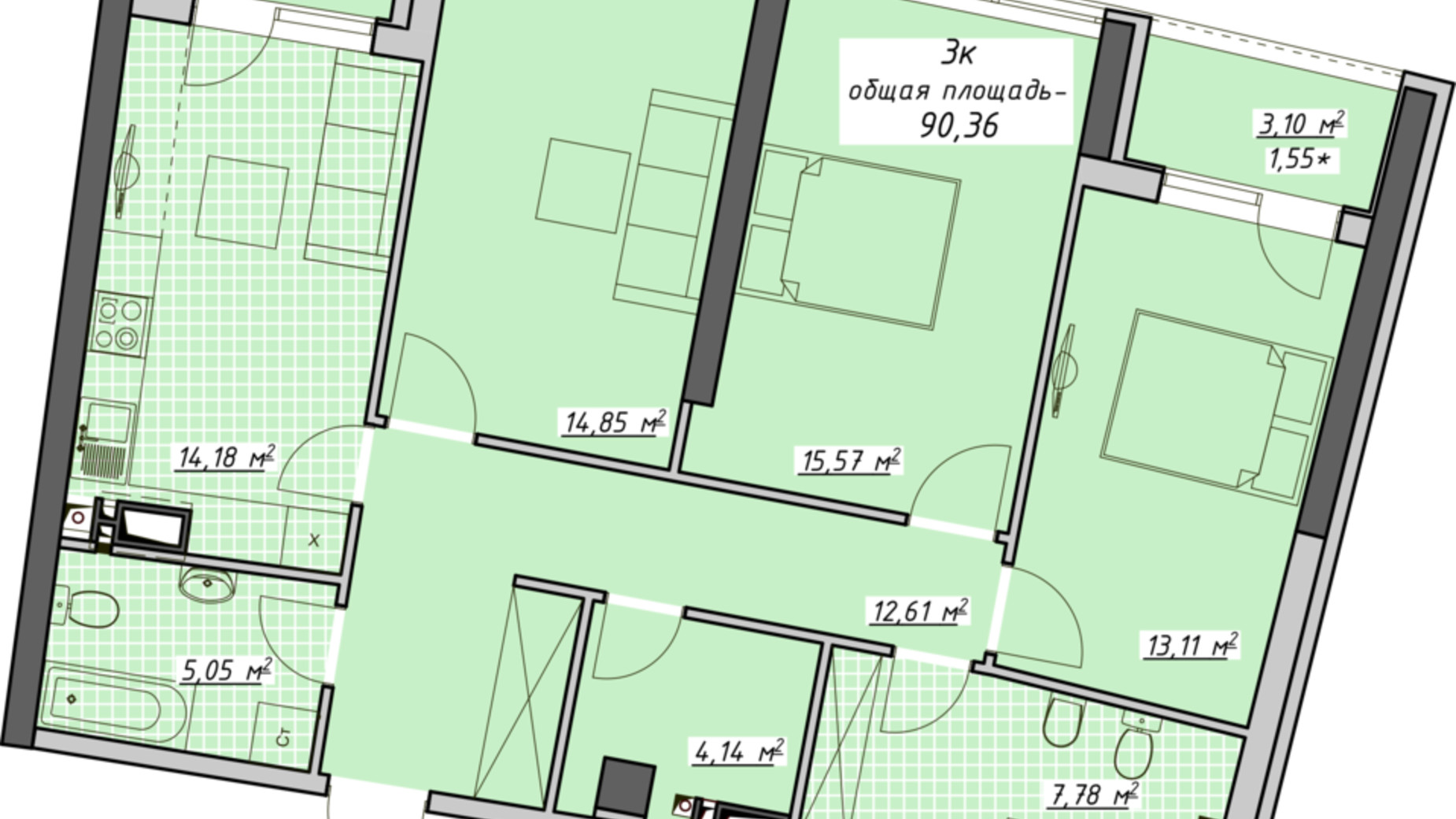 Планировка 3-комнатной квартиры в ЖК Атмосфера 90.36 м², фото 450477