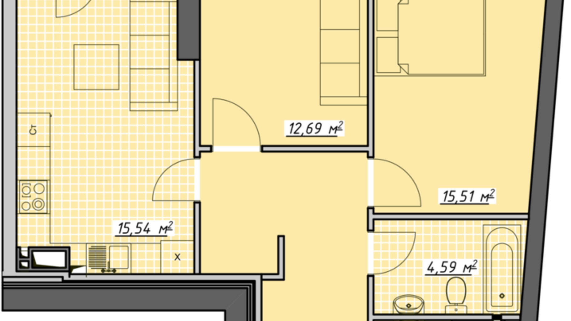 Планировка 2-комнатной квартиры в ЖК Атмосфера 63.69 м², фото 450601