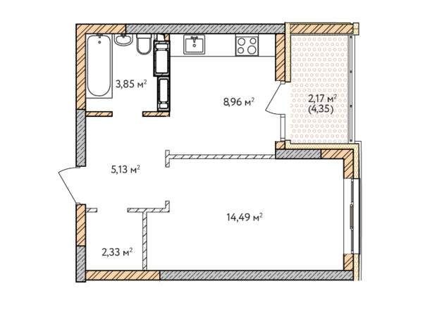 ЖК Krona Park 2: планування 1-кімнатної квартири 36.93 м²