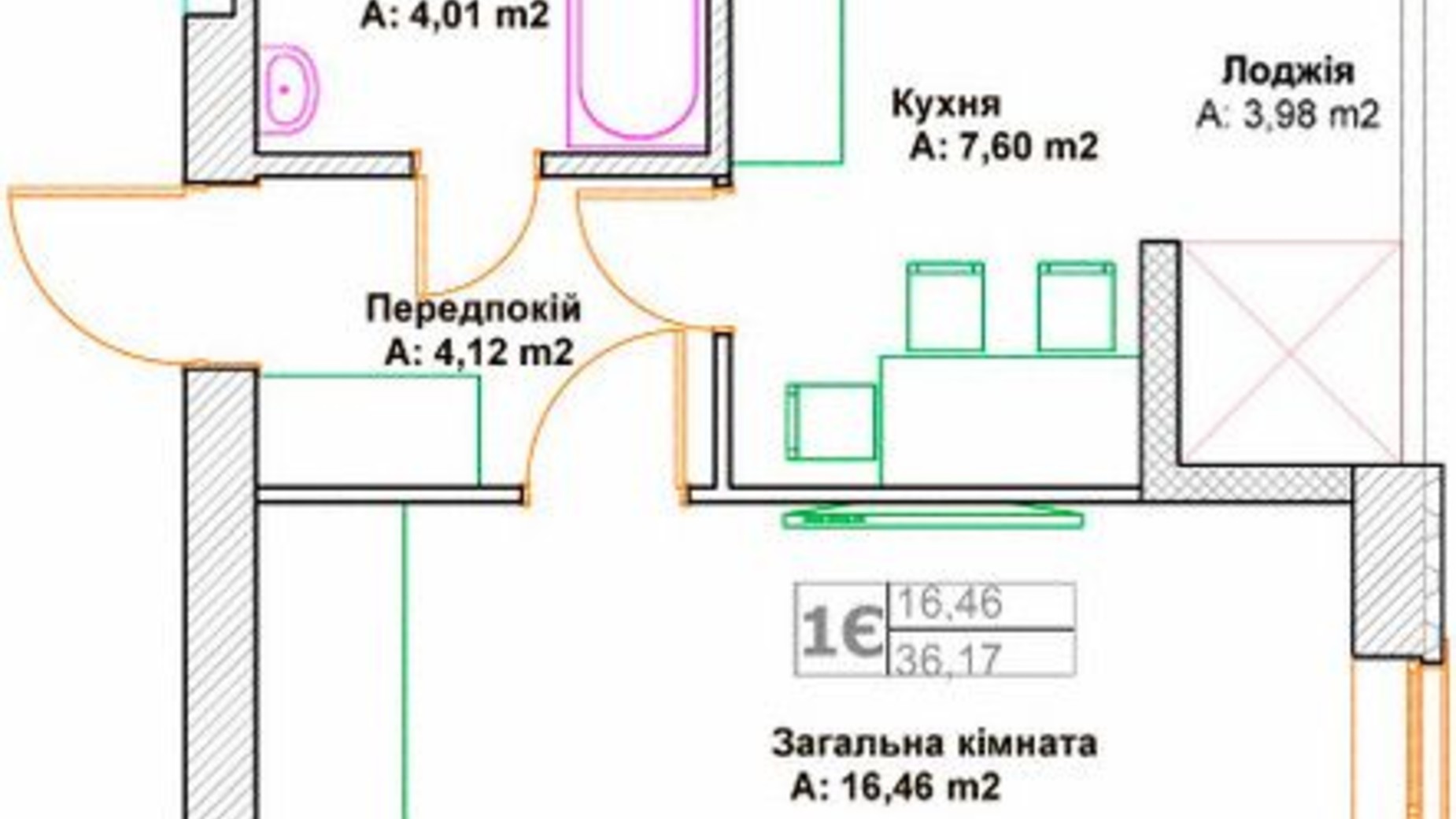 Планування 1-кімнатної квартири в ЖК Фортуна 36.17 м², фото 450889