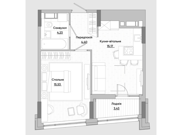 ЖК Lucky Land: планування 1-кімнатної квартири 41.01 м²
