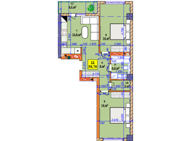 ЖК Central Park: планировка 2-комнатной квартиры 58.7 м²