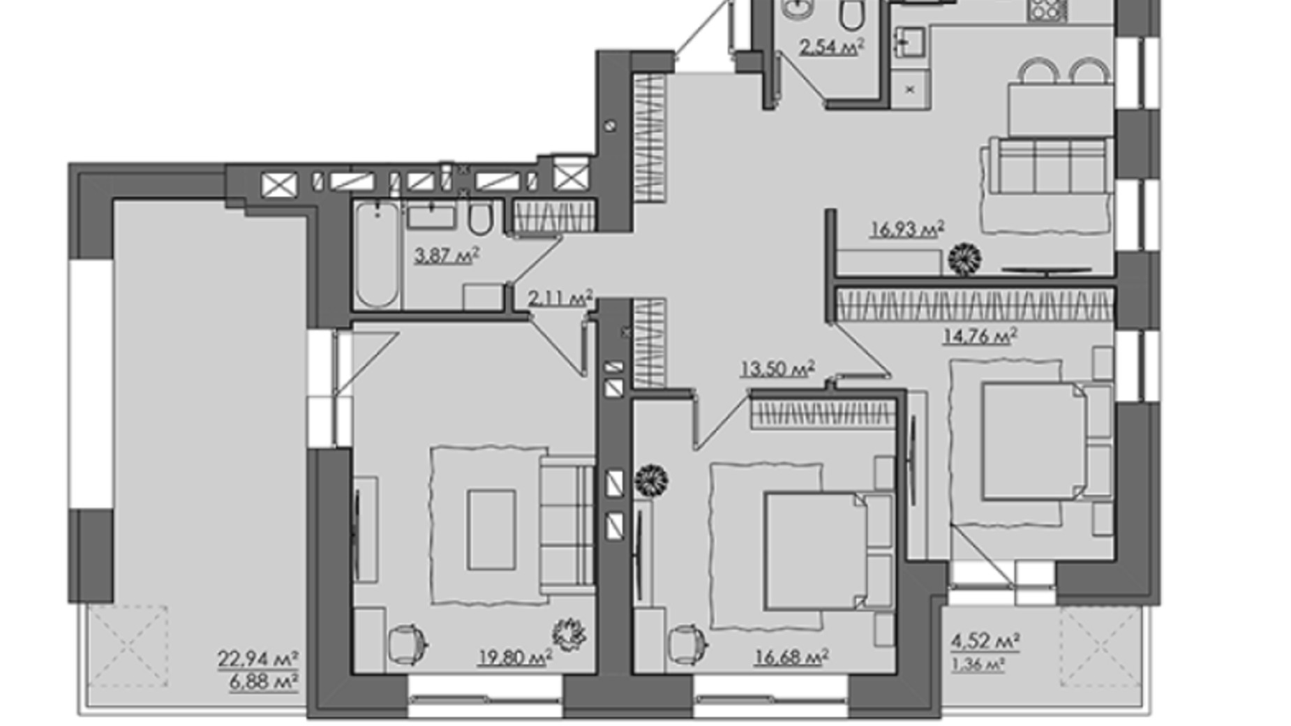 Планировка 3-комнатной квартиры в ЖК Central City apartments 120.83 м², фото 450919