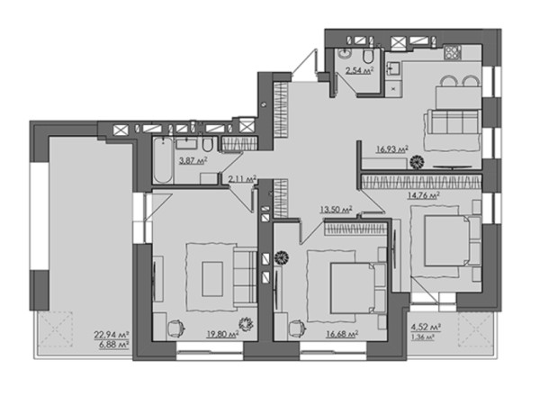 ЖК Central City apartments: планировка 3-комнатной квартиры 120.83 м²