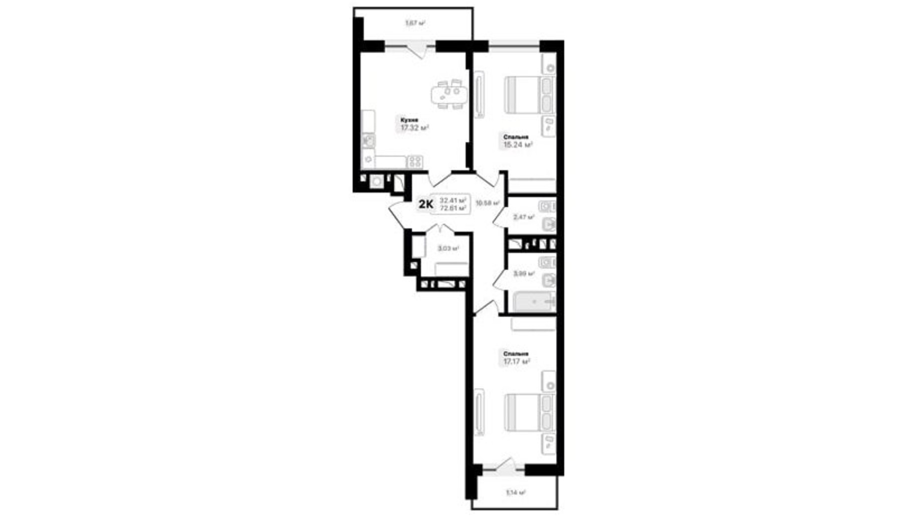 Планування 2-кімнатної квартири в ЖК Auroom Sunrise 72.61 м², фото 450934