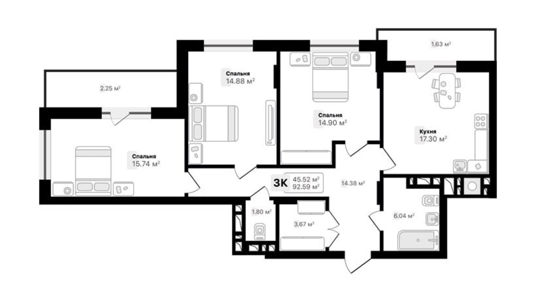 Планировка 3-комнатной квартиры в ЖК Auroom Sunrise 92.59 м², фото 450935